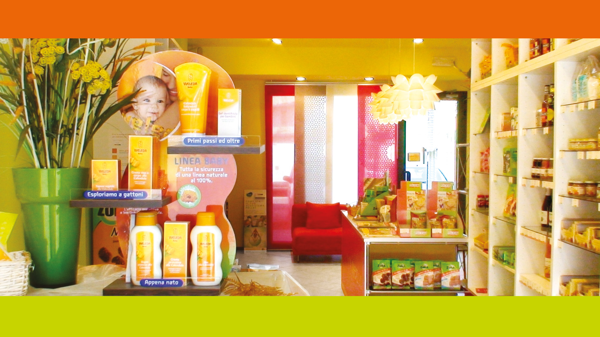 Il negozio Esserebio con la sua paletta colore giallo, verde e arancione